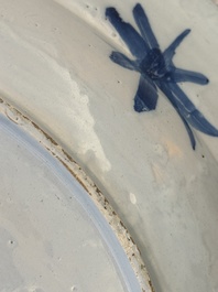A large blue and white Dutch Delft chinoiserie dish, late 17th C.