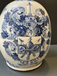 A Dutch Delft blue and white pewter-mounted armorial jug, late 17th C.