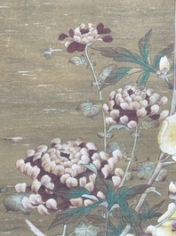 Chinese school: 'Rooster and flowers', ink and colour on silk, 19/20th C.