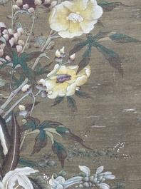 Chinese school: 'Rooster and flowers', ink and colour on silk, 19/20th C.
