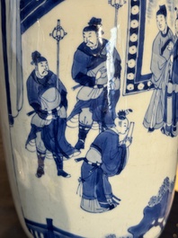 A Chinese blue and white rouleau vase with narrative design, Kangxi