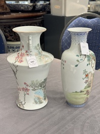 A Chinese famille rose vase, Qianlong and Shinian 世寧 mark, 20th C., and a qianjiang cai vase, signed Ren Huanzhang 任煥章, dated 1942