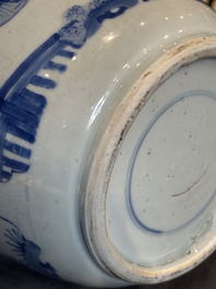A Chinese blue and white rouleau vase with narrative design, Kangxi