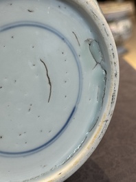 A Chinese blue and white rouleau vase with narrative design, Kangxi