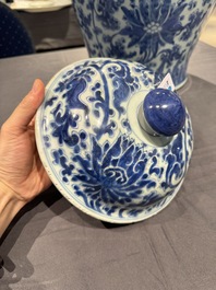 A large Chinese blue and white 'lotus scrolls' vase and cover, Kangxi