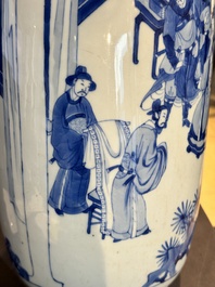 A Chinese blue and white rouleau vase with narrative design, Kangxi