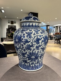 A large Chinese blue and white 'lotus scrolls' vase and cover, Kangxi