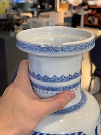 A Chinese blue and white rouleau vase with narrative design, Kangxi