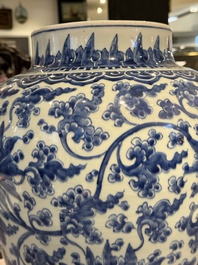 A large Chinese blue and white 'lotus scrolls' vase and cover, Kangxi