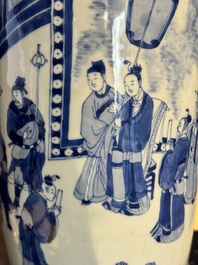 A Chinese blue and white rouleau vase with narrative design, Kangxi