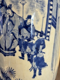 A Chinese blue and white rouleau vase with narrative design, Kangxi