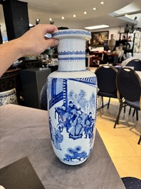 A Chinese blue and white rouleau vase with narrative design, Kangxi