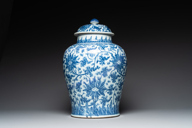 A large Chinese blue and white 'lotus scrolls' vase and cover, Kangxi
