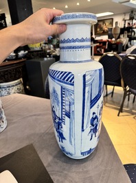 A Chinese blue and white rouleau vase with narrative design, Kangxi