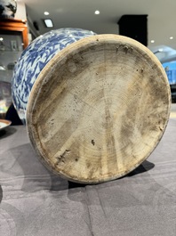 A large Chinese blue and white 'lotus scrolls' vase and cover, Kangxi