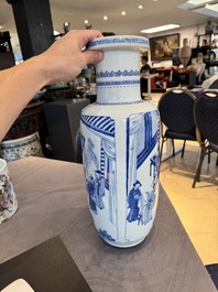 A Chinese blue and white rouleau vase with narrative design, Kangxi