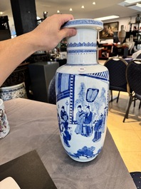 A Chinese blue and white rouleau vase with narrative design, Kangxi