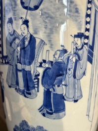 A Chinese blue and white rouleau vase with narrative design, Kangxi