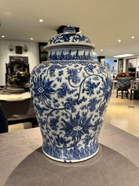 A large Chinese blue and white 'lotus scrolls' vase and cover, Kangxi