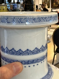 A Chinese blue and white rouleau vase with narrative design, Kangxi