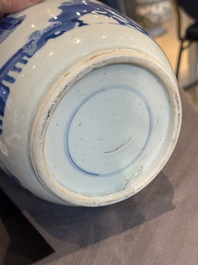 A Chinese blue and white rouleau vase with narrative design, Kangxi