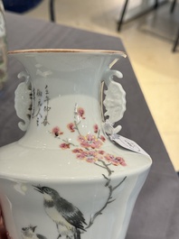 A Chinese famille rose vase, Qianlong and Shinian 世寧 mark, 20th C., and a qianjiang cai vase, signed Ren Huanzhang 任煥章, dated 1942