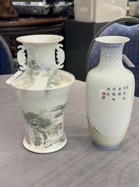 A Chinese famille rose vase, Qianlong and Shinian 世寧 mark, 20th C., and a qianjiang cai vase, signed Ren Huanzhang 任煥章, dated 1942