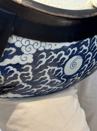 A massive Chinese blue and white reverse-decorated  'dragon' charger with bronze mounts, Chuxiu Gong Zhi mark, Guangxu