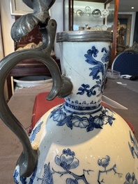 A Dutch Delft blue and white pewter-mounted armorial jug, late 17th C.
