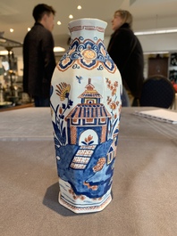 A pair of polychrome Dutch Delft octagonal chinoiserie vases, 18th C.