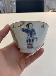 A Chinese Canton famille rose 'Wu Shuang Pu' covered sugar bowl and two bowls, 19th C.