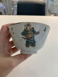A Chinese Canton famille rose 'Wu Shuang Pu' covered sugar bowl and two bowls, 19th C.