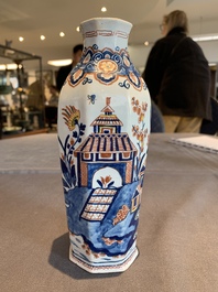 A pair of polychrome Dutch Delft octagonal chinoiserie vases, 18th C.