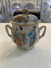 A Chinese Canton famille rose 'Wu Shuang Pu' covered sugar bowl and two bowls, 19th C.