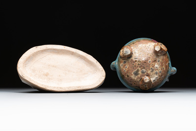 A Chinese junyao purple-splashed tripod censer and a Cizhou brush washer, Ming