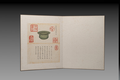 Chinese school: 'Album of Qing dynasty imperial porcelain', Qianlong seal mark, ink and colour on silk, 19/20th C.