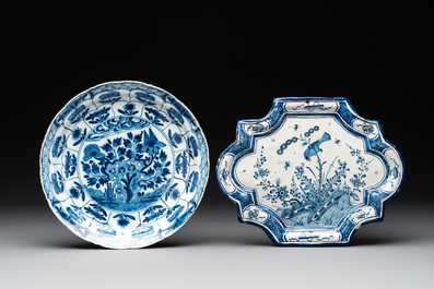 Two blue and white Dutch Delft chinoiserie dishes, a plate and a plaque, 18th C.