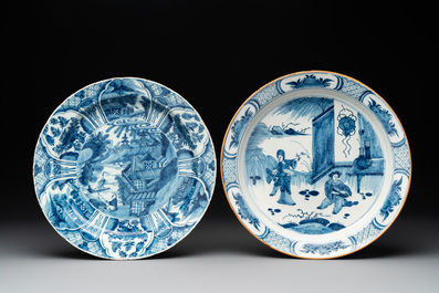 Two blue and white Dutch Delft chinoiserie dishes, a plate and a plaque, 18th C.