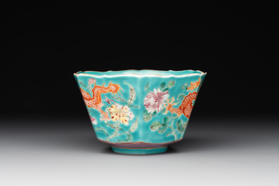 A Chinese famille rose 'parrot' plate and a turquoise-ground 'dragon' bowl, Daoguang mark and of the period