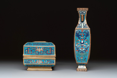 A Chinese cloisonn&eacute; covered censer, a vase with incense tools and a covered box with Arabic inscriptions, Republic