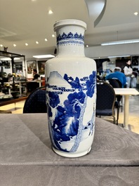 A Chinese blue and white 'deer and crane' rouleau vase, Kangxi
