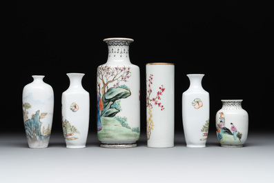 Six small Chinese famille rose vases, Qianlong and Hongxian marks, 20th C.