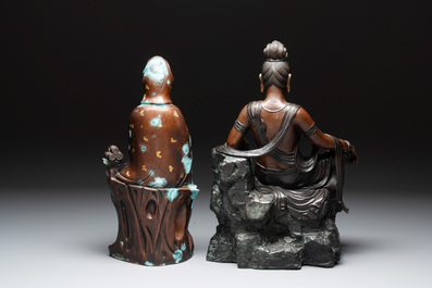 A large Chinese bronze Guanyin seated on rocks and a group of Guanyin with child, 20th C.