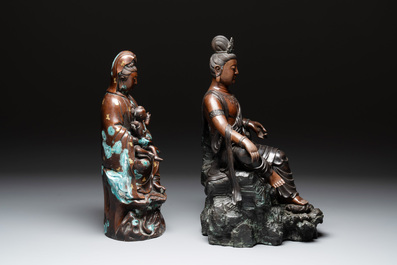 A large Chinese bronze Guanyin seated on rocks and a group of Guanyin with child, 20th C.