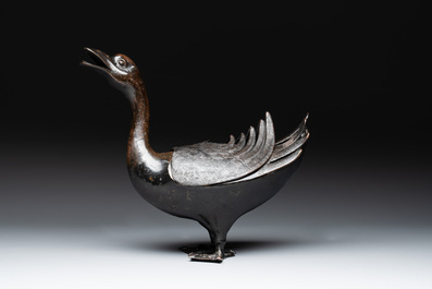 A Chinese bronze duck-form incense burner, Ming