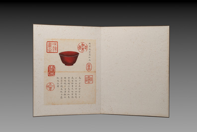 Chinese school: 'Album of Qing dynasty imperial porcelain', Qianlong seal mark, ink and colour on silk, 19/20th C.