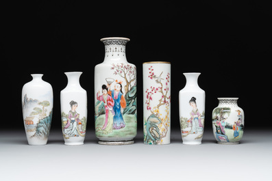 Six small Chinese famille rose vases, Qianlong and Hongxian marks, 20th C.