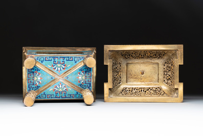 A Chinese cloisonn&eacute; covered censer, a vase with incense tools and a covered box with Arabic inscriptions, Republic