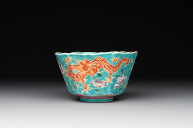 A Chinese famille rose 'parrot' plate and a turquoise-ground 'dragon' bowl, Daoguang mark and of the period