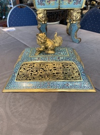 An exceptional Chinese cloisonn&eacute; &lsquo;Taotie&rsquo; censer and cover, 'fang ding 方鼎', Qianlong